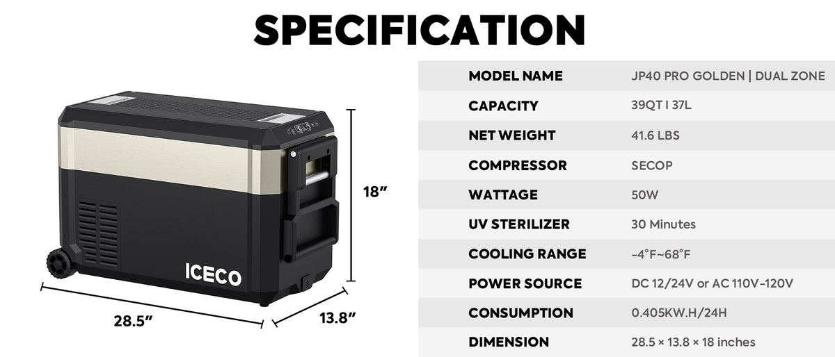 JP40 Pro Dual Zone Wheeled Portable Freezer With Cover | ICECO | 40l