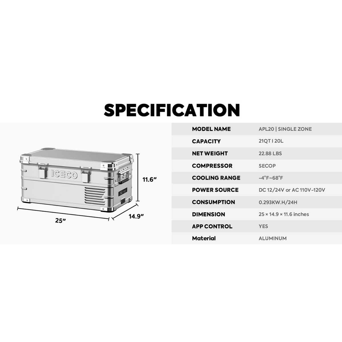 APL20 Light Duty Aluminum Silver Freezer Single Zone | ICECO | 20 LT