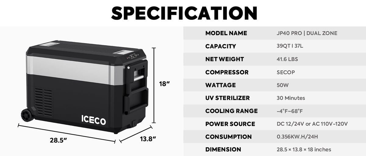 JP40 Pro Dual Zone Wheeled Portable Freezer With Cover | ICECO | 40l