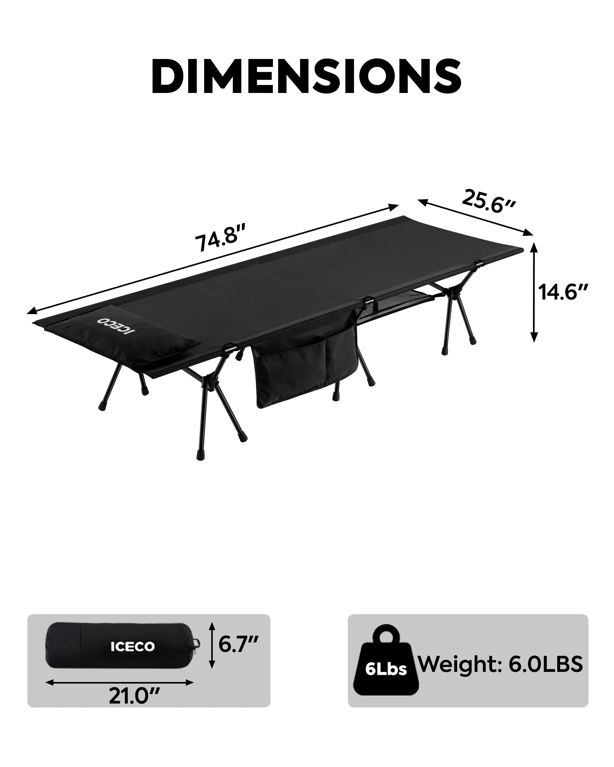 Portable L Size Camping Cot in Black | ICECO